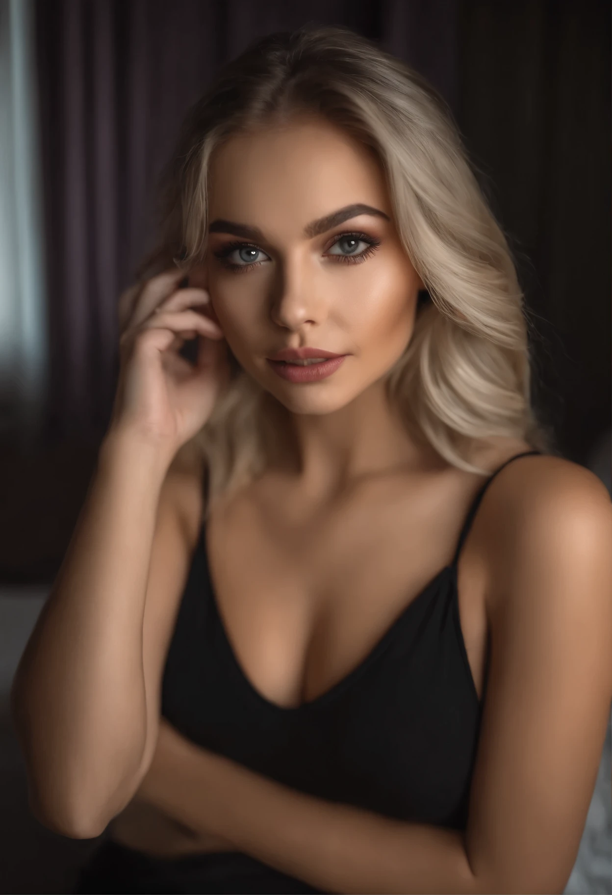Arafed woman with matching tank top and panties, Sexy girl with brown eyes, portrait sophie mudd, blonde hair and large eyes, at the club, Selfie einer jungen Frau, Augen im Schlafzimmer, Violet Myers, ohne Make-up, Natural makeup, Blick direkt in die Kamera, Gesicht mit Artgram, dezentes Make-up, Stunning full body shot, im Schlafzimmer, Spaltung