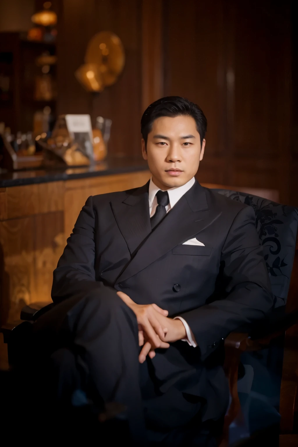 An asian man with black suit 