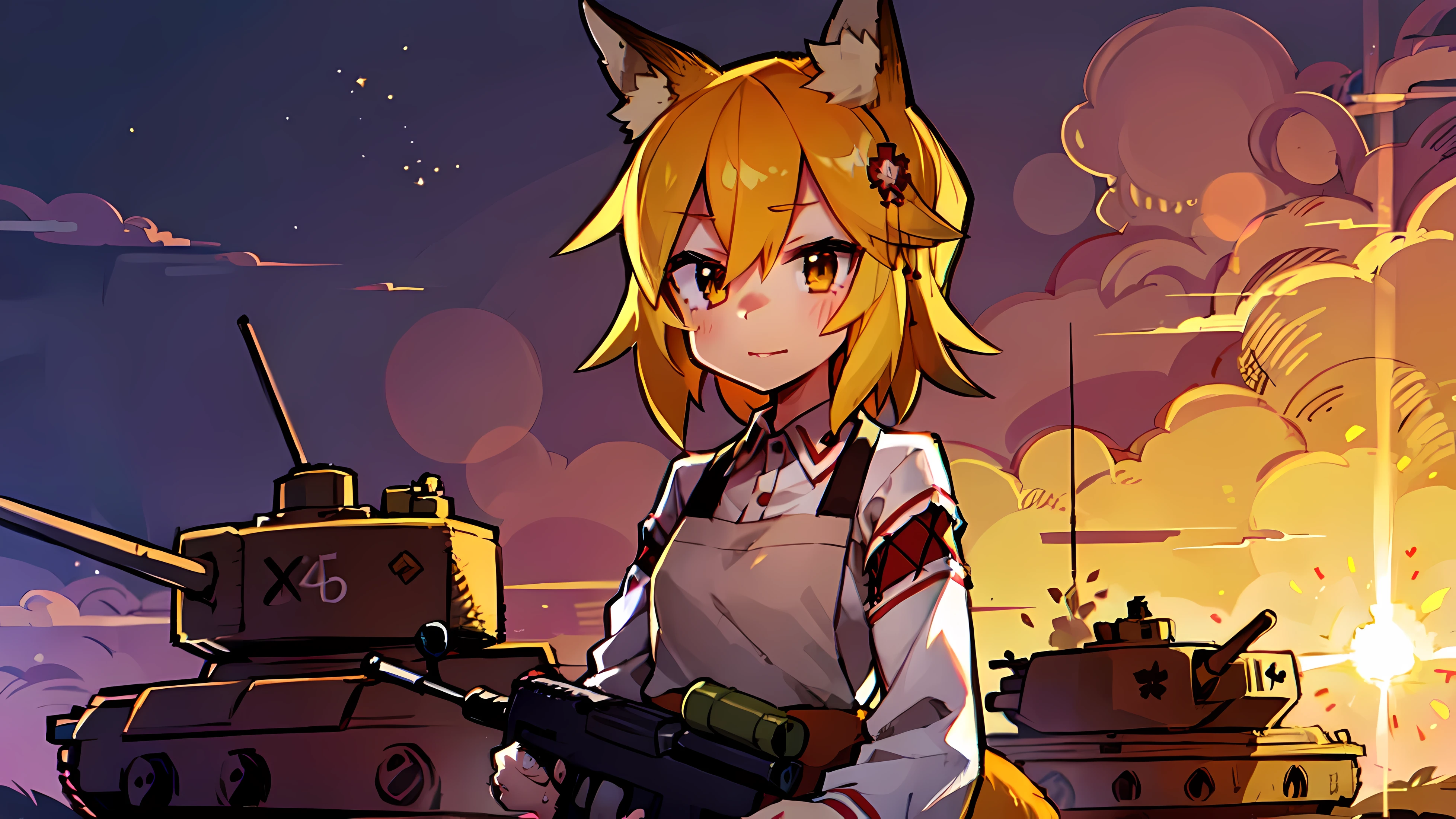 Young woman, Fox ears, 4K image, ((Russia, Russian soldier, war, Tanks, A gun))
