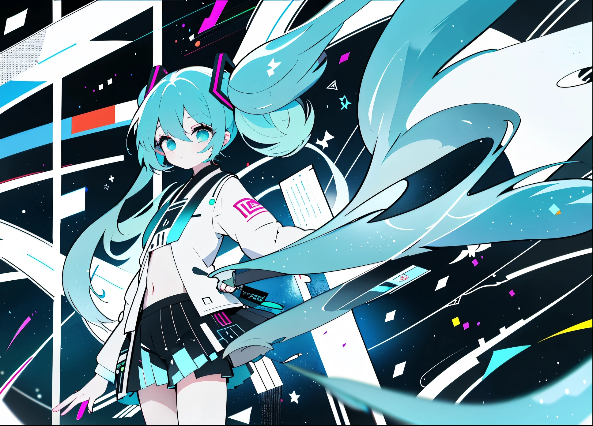 Hatsune Miku, twintail very long hair, neon eyes, The wind is blowing, ((中央)),対面, Geometric art of squares on background, とても近い被写体
