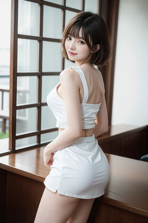 Woman in white collared shirt、Looks Back、Outstanding smile、s ass、Bob Hair、Photorealsitic、Outstanding smile、(in 8K) 、 master piece, (No retouching, Lip gloss, False eyelashes, Real Skin, of the highest quality, 超A high resolution, depth of fields, chromatic abberation, Caustics, Wide Lighting, Natural Shading))Korean Idols、Live action、Sauce order、Japanese Models, Shot with Canon EOA 6 D Mark II, taken with canon eos 5 d mark iv, Young Gravure Idol,