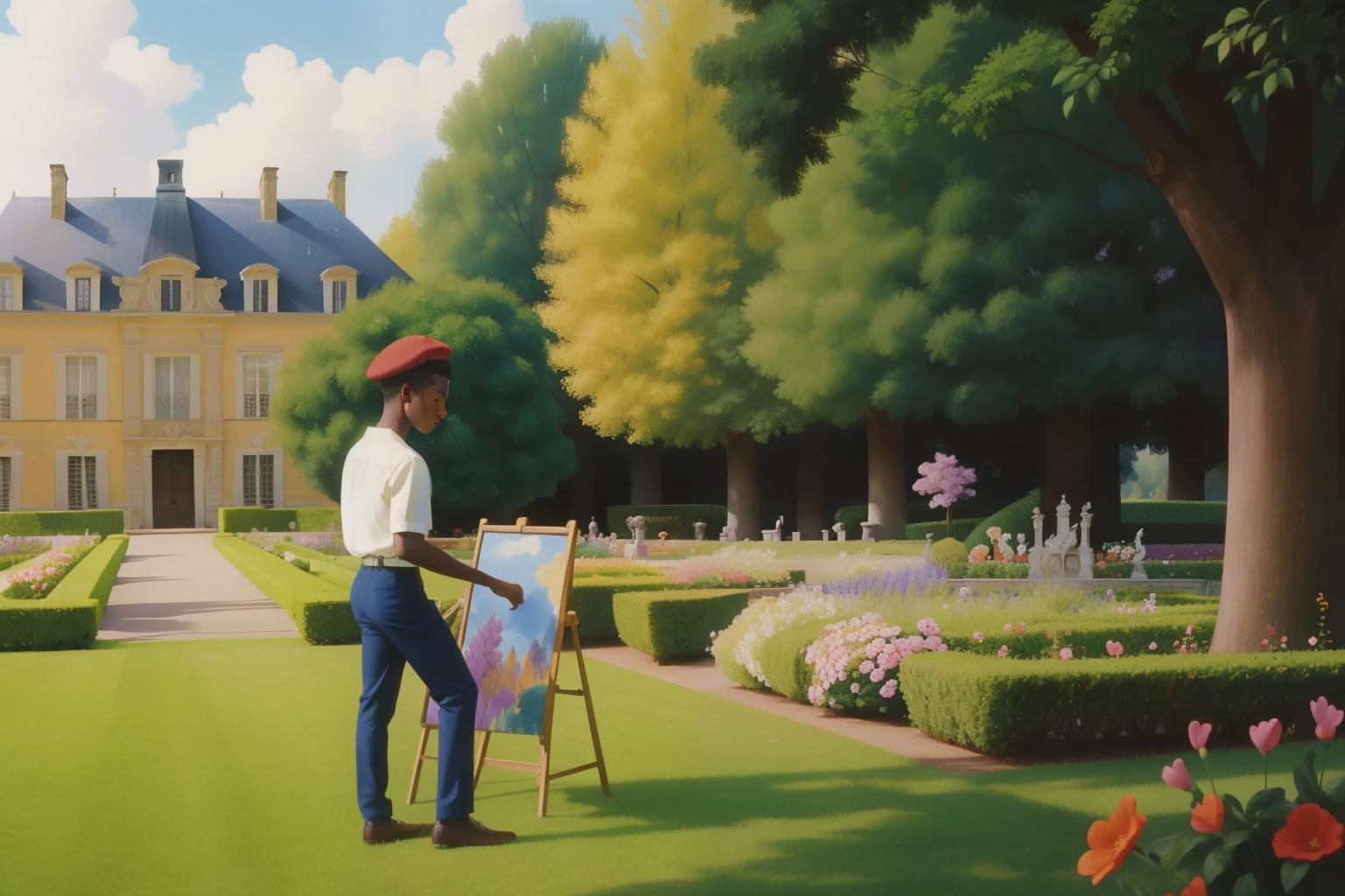 On the vibrant grounds of a French château in the 1990s, a thirteen-year-old black boy, with a beret and an easel, energetically paints a plein air landscape, his brushstrokes capturing the dynamic colors of a blooming garden amidst classical sculptures and manicured lawns.