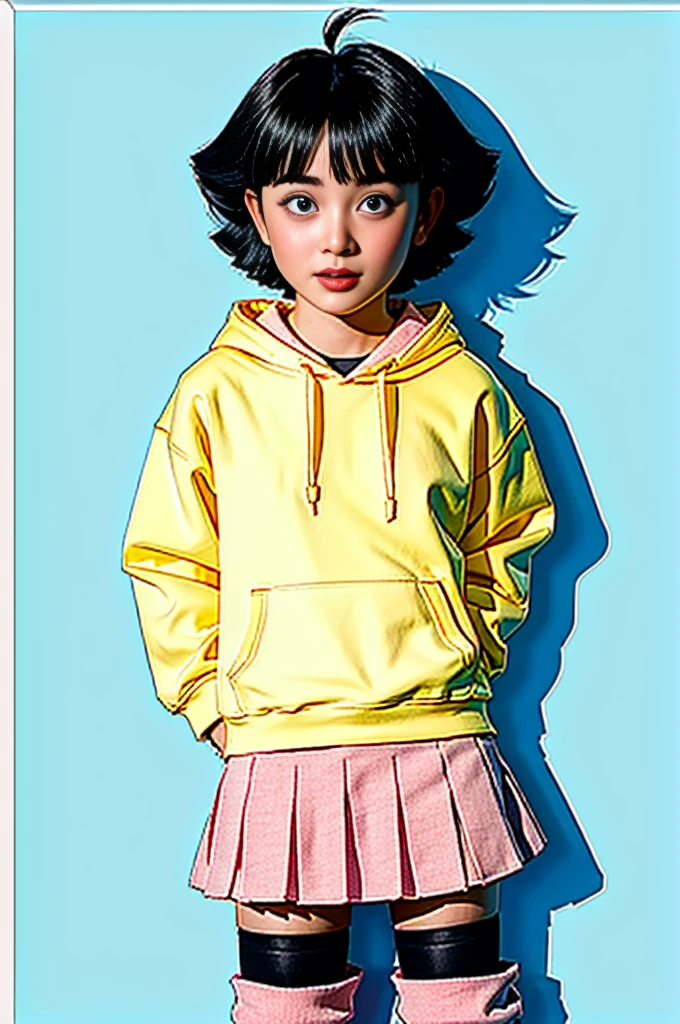 uzumaki_himawari, (masterpiece: 1.2), (absurdres: 1.2),(best quality: 1.2), (young girl), (lines on face), short black hair, blunt bangs, blue eyes, ((yellow hoodie, pink skirt)), black thigh highs, red boots, standing, ((solo)), full body, perfeck charakter ,1girl,best quality detail , ultra high quality , anime from realistick , light purple eyes ,realistick ,,Uzumaki Himawari , Realive in anime , from realistic ,perffect charakter ,quality detail , blu hair , UHD , HDR , cute girl , teen face , smel
