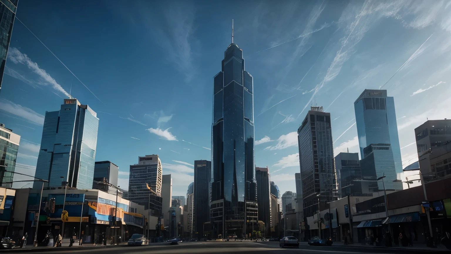 Gigantic tall hexagon shaped wide glass skyscraper with a pole on top, in the middle of the city downtown, surrounded by buildings, photorealistic, ultra detailed, hyper realistic, wide angle shot, cinematic day lighting, cinematic post processing, shot on ARRI ALEXA 65, shot by Christopher Nolan