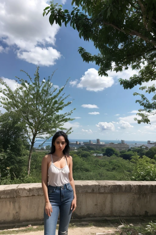 Thai woman, regarde le spectateur, Cheveux longs, chemise, jeans, Nuage, jour, ciel,en plein air, post-apocalypse, Ruines, paysage, arbre, eau, plage,piscine,sauna,