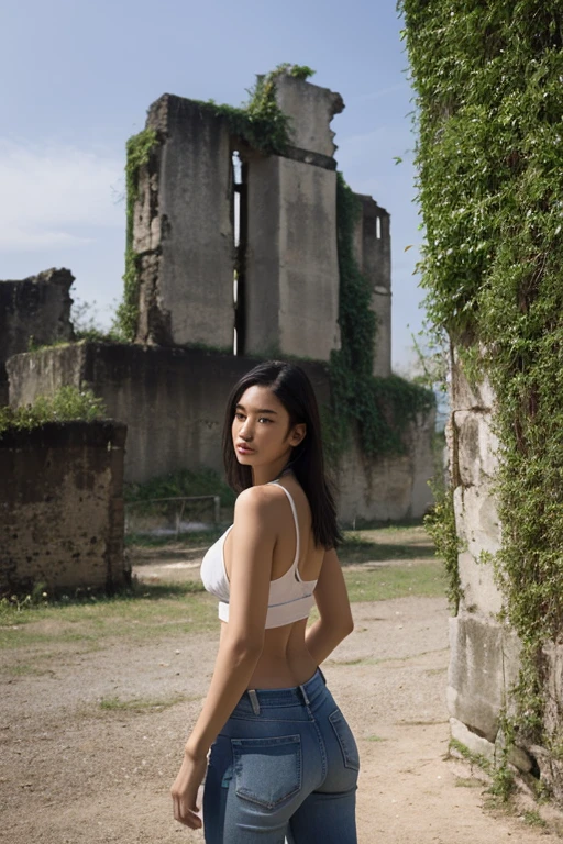 Thai woman, regarde le spectateur, Cheveux longs, chemise, jeans, Nuage, jour, ciel,en plein air, post-apocalypse, Ruines, paysage, arbre, eau, plage,piscine,sauna,