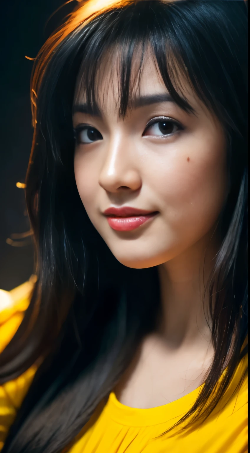 highest quality, epic realistic, ((in the pitch black darkness :1.4)), ((portrait:1.5)),(background: dark ) high contrast ,glorious picture, lowest lux, lighting face, she's comfortable, wearing nothing,  , looks incredible, (8k, Raw photo, Highest quality),(epic realistic:1.5), a woman, face,(detailed eyes:0.8),(looking at the camera:1.4), (Highest quality), ( high contrast, deep shadows),Intricate details,cinematic,((skin:1.4)), (long dark hair:1.3), long hair, messy ,(Hdr:1.5),Detailed, colors, Superior quality, Masterpiece, Raw Photo (20-year-old, looking at viewer), beautiful, (wearing plain yellow shirt,), perfect, natural, perfect composition, portrait, perfect face, smiling expression, Captivating eyes, Bright details, Tight lips, (High Skin Detail),, (blue tint: 0.6), (sale: 0.8), (bloody: 0.7), Key lighting , (backlight: 0.5), Medium depth of field, Canon 5d, 50mm lens, f/4 apertures, (Ultra-detailed, Complex detail), sharp focus, soft colors, 8k, Absurd, 80mm, bokeh background, photography, smiling, hijabi, large boobs, neon lights background