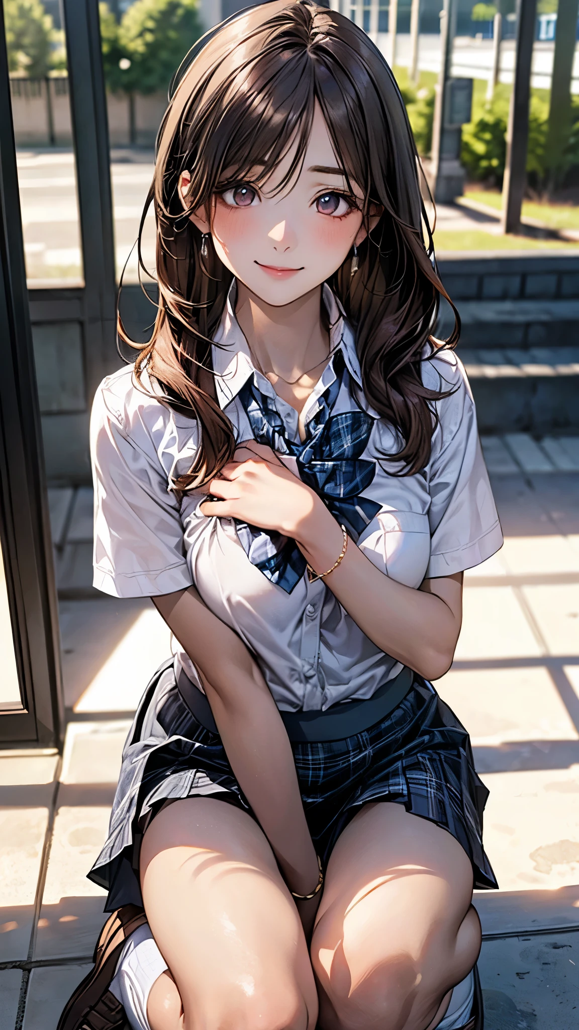 (masterpiece:1.2, top-quality), (realistic, photorealistic:1.4), beautiful illustration, (natural side lighting, movie lighting), nsfw, 
looking at viewer, cowboy shot, front view:0.6, 1 girl, japanese, high school girl, perfect face, cute and symmetrical face, shiny skin, 
(long hair:1.5, side ponytail:1.4, brown hair), hair over one eye, maroon eyes, long eye lasher, (large breasts:0.6, thick thighs), 
beautiful hair, beautiful face, beautiful detailed eyes, beautiful clavicle, beautiful body, beautiful chest, beautiful thigh, beautiful legs, beautiful fingers, 
((collared short sleeve shirt, white shirt, school uniform, grey plaid pleated skirt, blue plaid bow tie)), white panties, 
(beautiful scenery), school, (squatting, lift up skirt, grab the hem of the skirt, hands on chest, hand between legs), (lovely smile, upper eyes), 