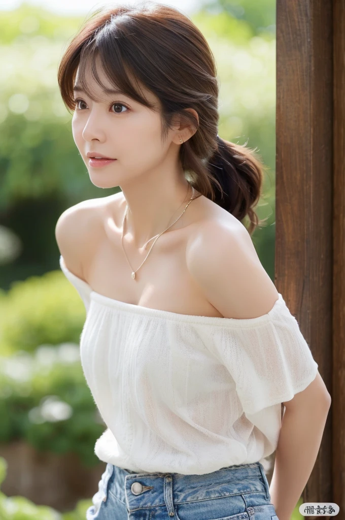 (Highly realistic photos, High resolution, detailed face, fine eyes) thin japanese woman, 40 years old, cute face, Variety of facial expressions, alone:1, nice body, slim figure, different hairstyles, very thin waist, beautiful butt, Detailed white off shoulder, jean shorts, necklace,