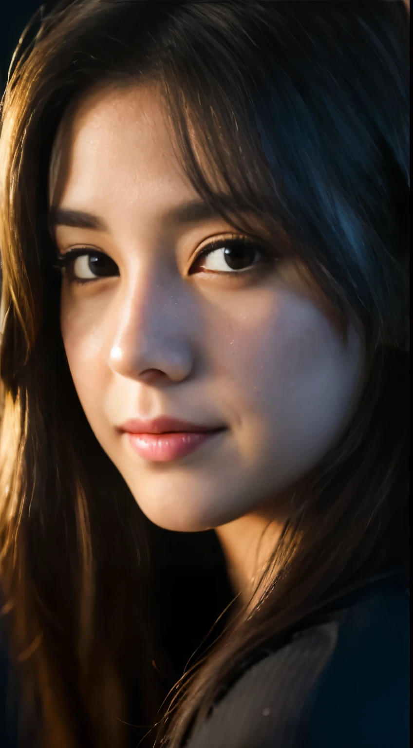 highest quality, epic realistic, ((in the pitch black darkness :1.4)), ((portrait:1.5)),(background: dark ) high contrast ,glorious picture, lowest lux, lighting face, she's comfortable, wearing nothing, , looks incredible, (8k, Raw photo, Highest quality),(epic realistic:1.5), a woman, face,(detailed eyes:0.8),(looking at the camera:1.4), (Highest quality), ( high contrast, deep shadows),Intricate details,cinematic,((skin:1.4)), (long dark hair:1.3), long hair, messy ,(Hdr:1.5),Detailed, colors, Superior quality, Masterpiece, Raw Photo (20-year-old, looking at viewer), beautiful, (wearing plain yellow shirt,), perfect, natural, perfect composition, portrait, perfect face, smiling expression, Captivating eyes, Bright details, Tight lips, (High Skin Detail),, (blue tint: 0.6), (sale: 0.8), (bloody: 0.7), Key lighting , (backlight: 0.5), Medium depth of field, Canon 5d, 50mm lens, f/4 apertures, (Ultra-detailed, Complex detail), sharp focus, soft colors, 8k, Absurd, 80mm, bokeh background, photography, smiling, hijabi, large boobs, neon lights background