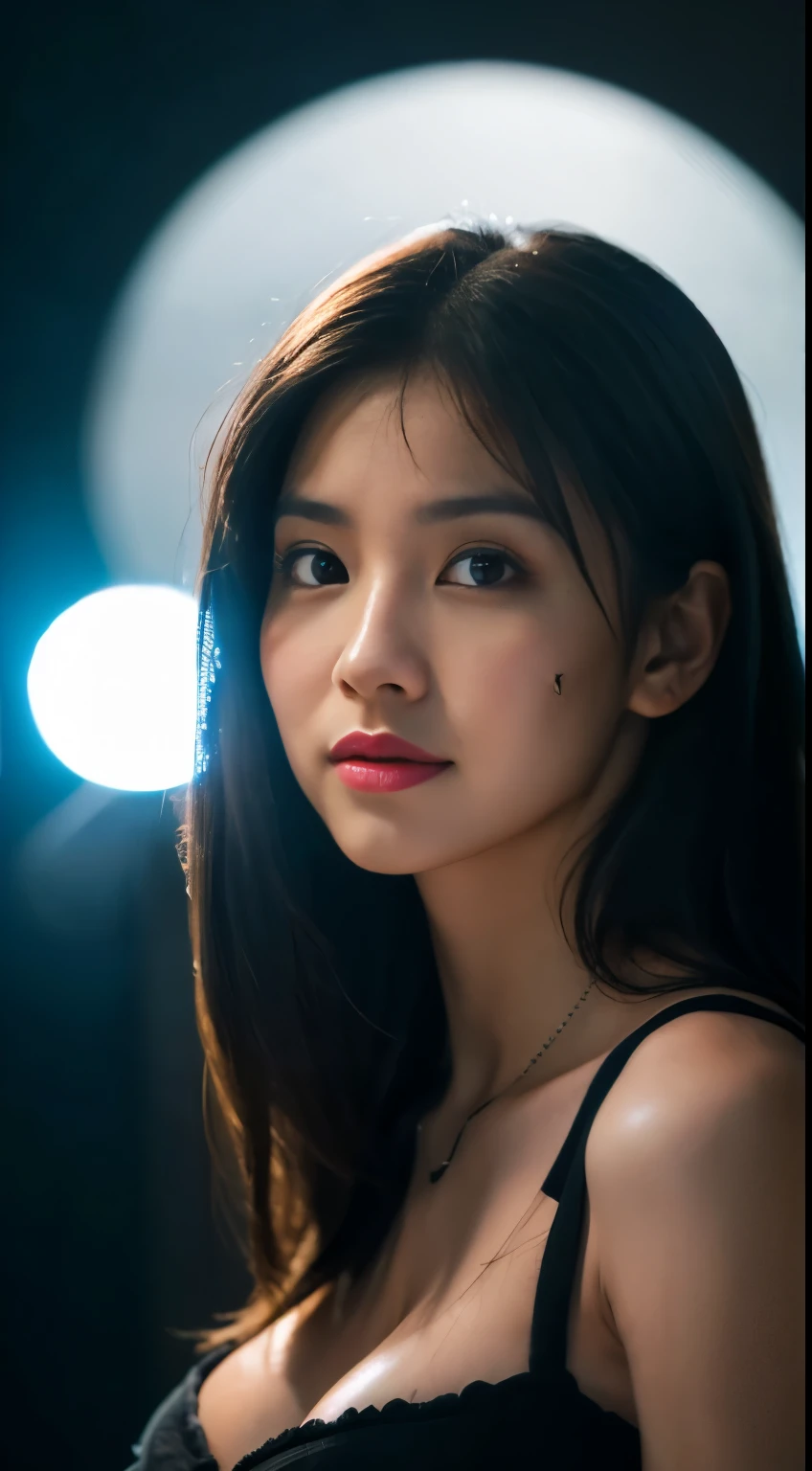 highest quality, epic realistic, ((in the pitch black darkness :1.4)), ((portrait:1.5)),(background: dark ) high contrast ,glorious picture, lowest lux, lighting face, she's comfortable, wearing nothing,  , looks incredible, (8k, Raw photo, Highest quality),(epic realistic:1.5), a woman, face,(detailed eyes:0.8),(looking at the camera:1.4), (Highest quality), ( high contrast, deep shadows),Intricate details,cinematic,((skin:1.4)), (long dark hair:1.3), long hair, messy ,(Hdr:1.5),Detailed, colors, Superior quality, Masterpiece, Raw Photo (20-year-old, looking at viewer), beautiful, (wearing plain yellow shirt,), perfect, natural, perfect composition, portrait, perfect face, smiling expression, Captivating eyes, Bright details, Tight lips, (High Skin Detail),, (blue tint: 0.6), (sale: 0.8), (bloody: 0.7), Key lighting , (backlight: 0.5), Medium depth of field, Canon 5d, 50mm lens, f/4 apertures, (Ultra-detailed, Complex detail), sharp focus, soft colors, 8k, Absurd, 80mm, bokeh background, photography, smiling, hijabi, large boobs, neon lights background