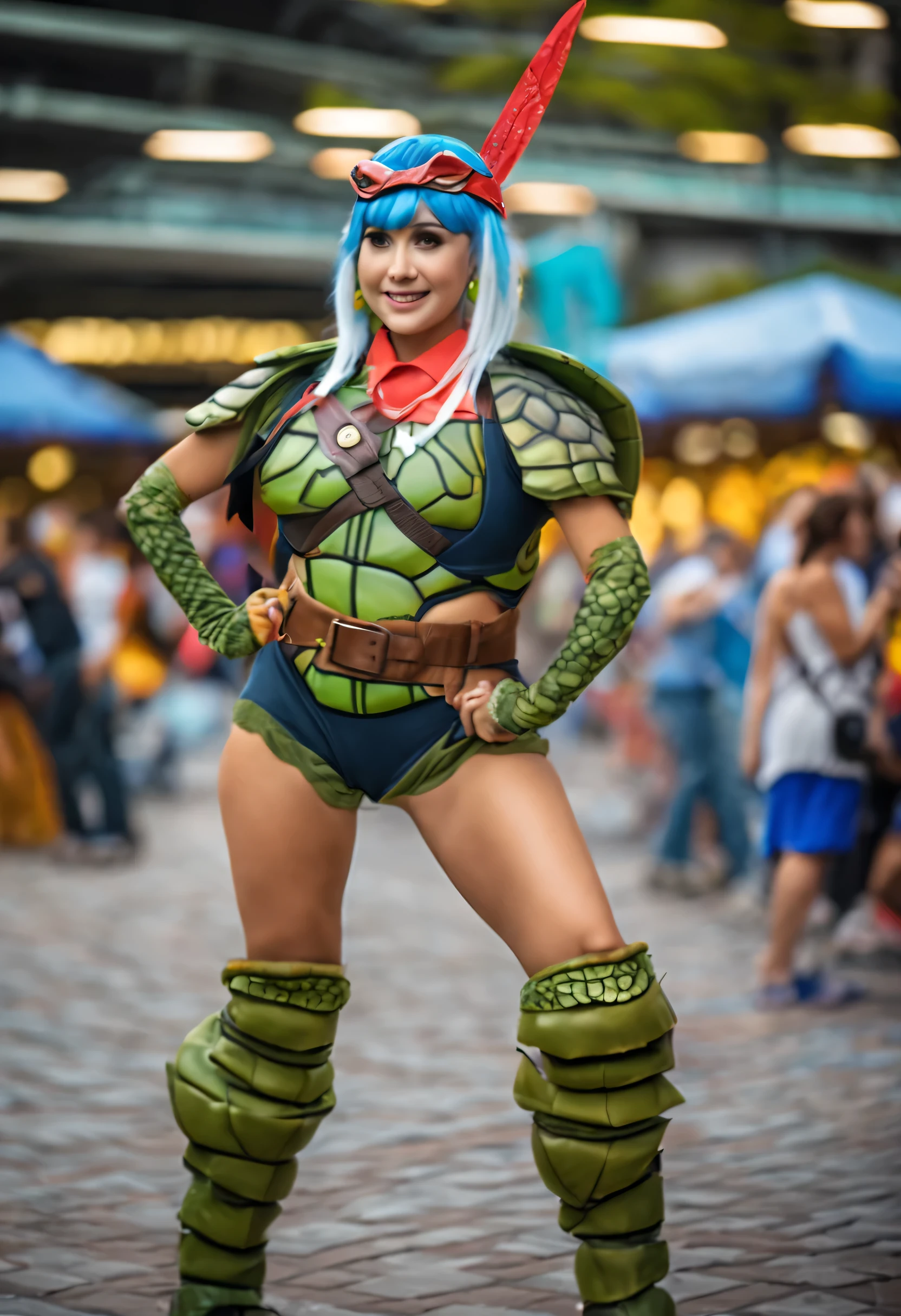 (best quality,4k,8k,highres,masterpiece:1.2),ultra-detailed,(realistic,photorealistic,photo-realistic:1.37),amazing amateur cosplayer,young woman 20,extremely busty,big ass,cute face,slim waist,sexy ninja turtle cosplay,action pose on convention stage, vibrant colors, dynamic lighting, lively atmosphere, fans applauding, meticulous makeup, attention-grabbing costume, realistic turtle shell, intricate details, expressive eyes, confident expression, energetic movement, enthusiastic crowd, professional photography, intense focus, vibrant background, lively convention floor, vibrant atmosphere, thrilling cosplayer, eye-catching display