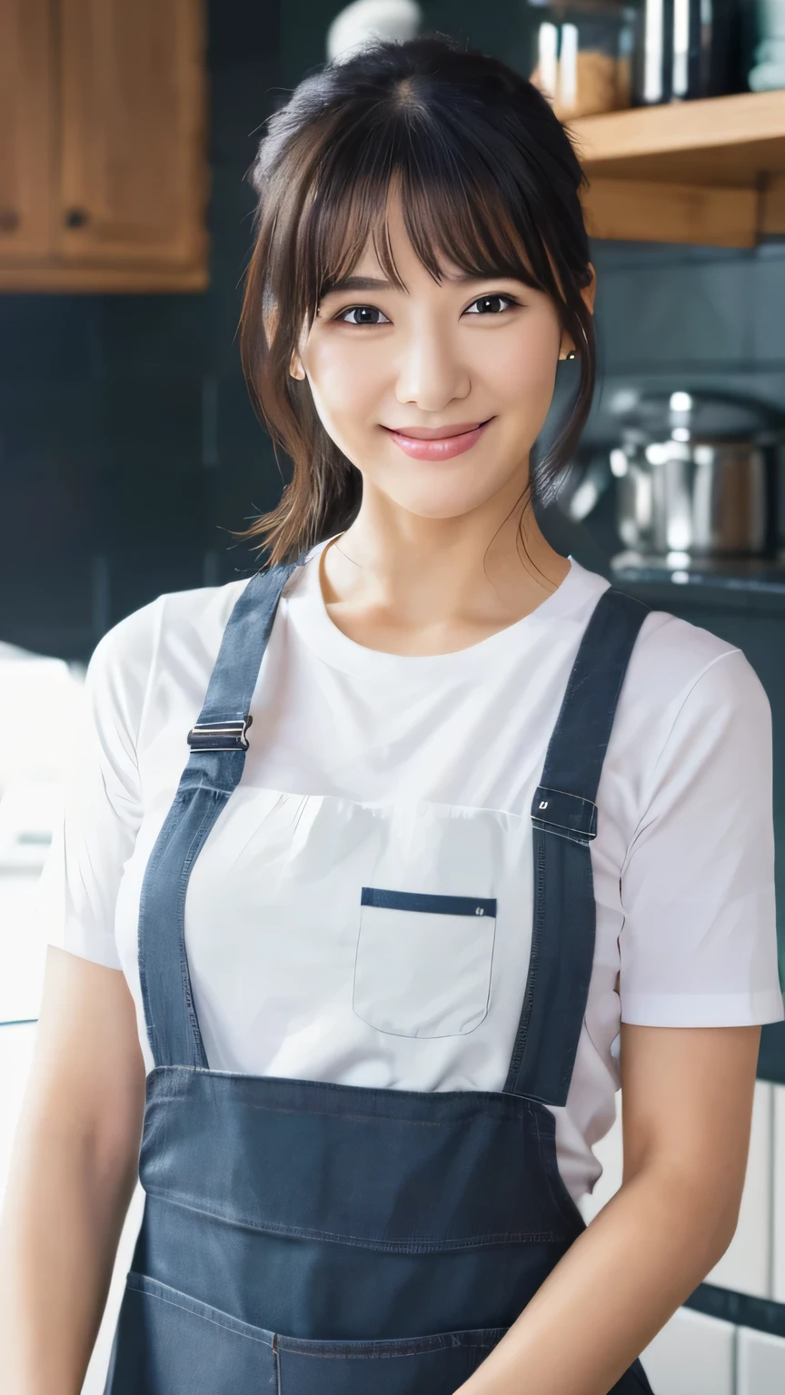 8K,(RAW photo),(highest quality),( (masterpiece:1.5)),(Super detailed),(ultra high resolution,),( (realistic, photo realistic:1.5)),(very detailed, 8K wallpaper),(very detailed beautiful woman in her 30s),(very detailed face, very),(Take beautiful full body photos),(fine eyes, very detailed skin),(very detailed fingers),(very detailed nose),(The girl here is styling her black straight hair.),(she has a cheeky smile),(She is wearing a neat apron over a white T-shirt),(The background is a typical kitchen)