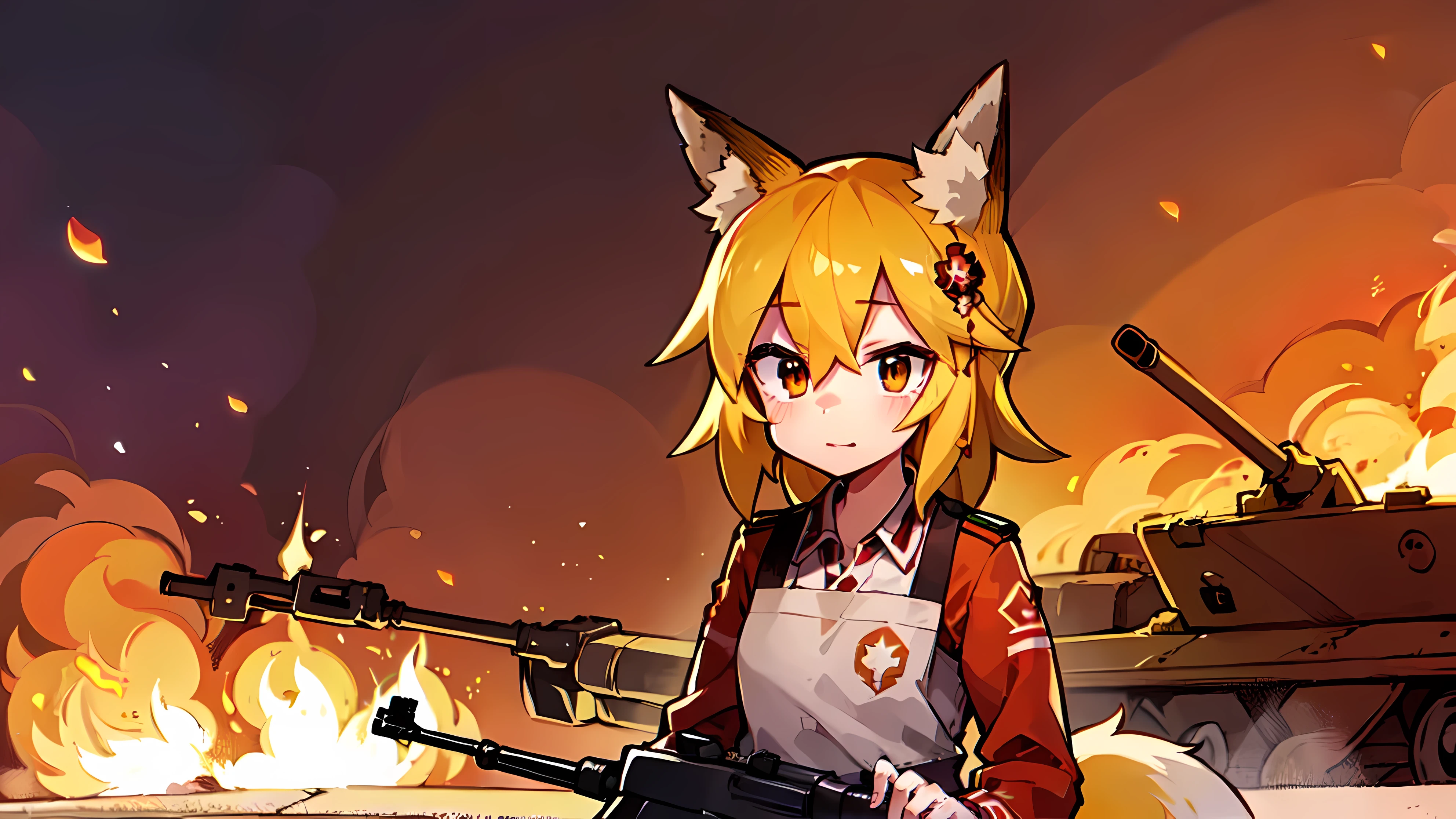Young woman, Fox ears, 4K image, ((Russia, Russian soldier, war, Tanks, A gun))