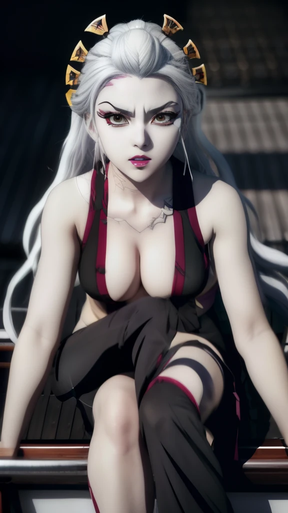 anime character with white hair and black outfit sitting on a boat, white haired deity, shiro from deadman wonderland, white fox anime, female anime character, a very beautiful berserker woman, kimetsu no yaiba, anime character, the piercing stare of yuki onna, princess 'kida' kidagakash, the godess hera looking angry