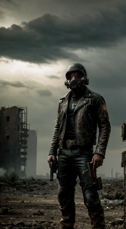 best quality,ultra-detailed,realistic,wasteland outlaw,red hair (vivid colors),black leather jacket (physically-based rendering),patches,retrofuturism (extreme detail description),fallout,50s (photorealistic),desolate landscape,dusty haze,abandoned buildings,eerie atmosphere,faded billboard,mutated creatures (sharp focus),rusty vehicles,post-apocalyptic setting,ruins (HDR),lonely figure,standing tall,fierce expression,smoke-filled sky,dystopian future,lightning cracks (bokeh),powerful stance,defiant attitude,metallic accents,retro gadgets(sparkling),city in ruins,overgrown foliage,worn-out boots,vintage weaponry,gritty textures,adrenaline rush (studio lighting),intense action,dark shadows,fading hope,hidden treasures,ominous clouds