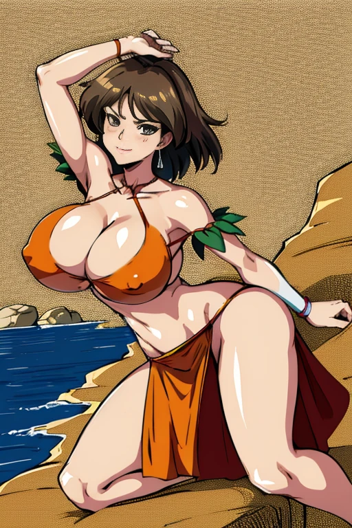 masterpiece, beautiful art, high resolution, best quality, 1 woman, Mii, solo, big breasted, cleavage, mature woman, wearing a Tyris Flare outfit, sexy bikini, full body, alluring figure, dancing seductively, shaking her hips to the sides, wind blowing up her pelvic curtain exposing her panties, sexy smirk, looking at the viewer, jungle environment 