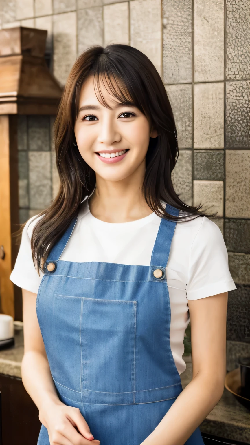 8K,(RAW photo),(highest quality),( (masterpiece:1.5)),(Super detailed),(ultra high resolution,),( (realistic, photo realistic:1.5)),(very detailed, 8K wallpaper),(very detailed beautiful woman in her 30s),(very detailed face, very),(Take beautiful full body photos),(fine eyes, very detailed skin),(very detailed fingers),(very detailed nose),(Girls here are styling their straight hair),(She has a gentle smile),(She is wearing a neat apron over a white T-shirt),(The background is a typical Japanese kitchen)