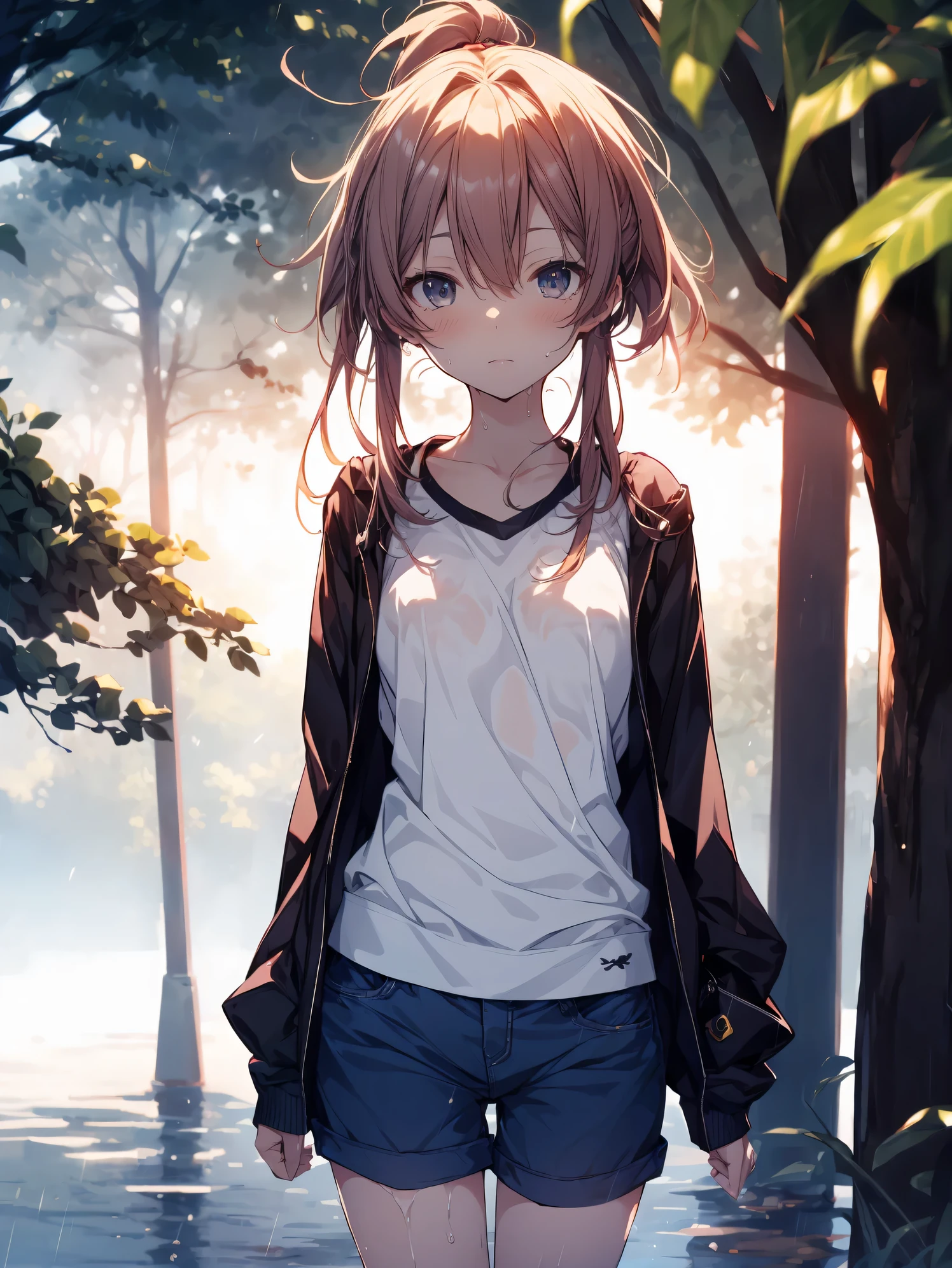 Super high quality by the art god, super detailed, High resolution, Shinkai Makoto style, anime moe art style, best anime 8k konachan wallpaper, pixiv contest winner, perfect anatomy,break,(NSFW,雨にWet透け感のある服を着た女の子の絵を描いてください, take shelter in the shade of a tree.),break,1 girl,cute,(loli face,alone,I'm 11 years old:1.3),Middle school students, ponytail,All limbs,full finger,flat chest, small ass, androgynous charm, small eyes,beautiful detailed black eyes,between legs,((see through tank top,shorts:1.2)),((Wet,I can see the nipples:1.5)), blush, Rain, in the park at night,break,super dense skin,shiny skin,Best lighting by famous artists, 8K,cuteイラスト.