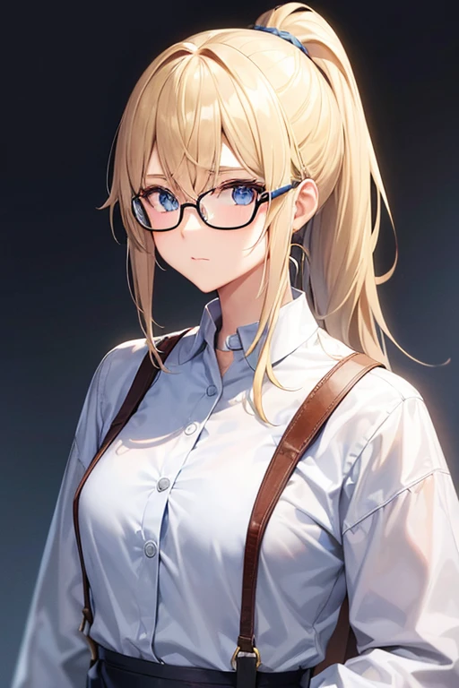 1 female、blonde ponytail、No curly hair、blue eyes、The skin is white、Y-shirt、He wears Akabuchi glasses.