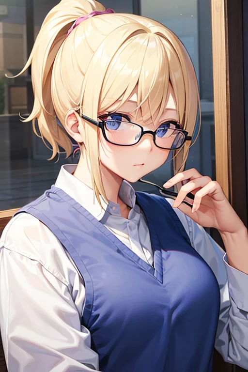 1 female、blonde ponytail、No curly hair、blue eyes、The skin is white、Y-shirt、He wears Akabuchi glasses.