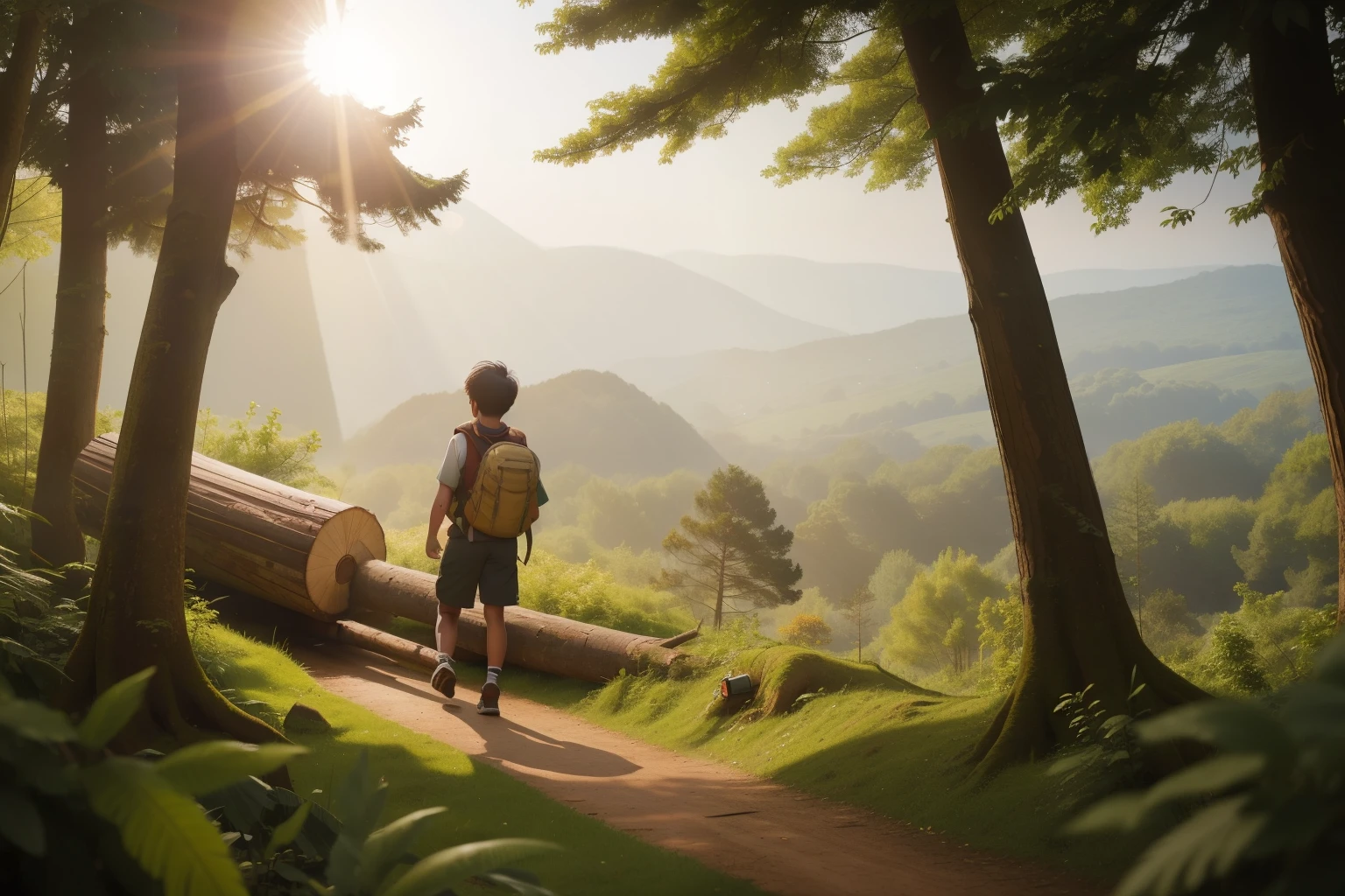 Along the sunlit trails of an English woodland in the 2010s, a fourteen-year-old Asian boy, with a rucksack and binoculars, gracefully navigates a series of fallen logs, showcasing a blend of athleticism and outdoor exploration in a setting of towering trees and dappled sunlight.