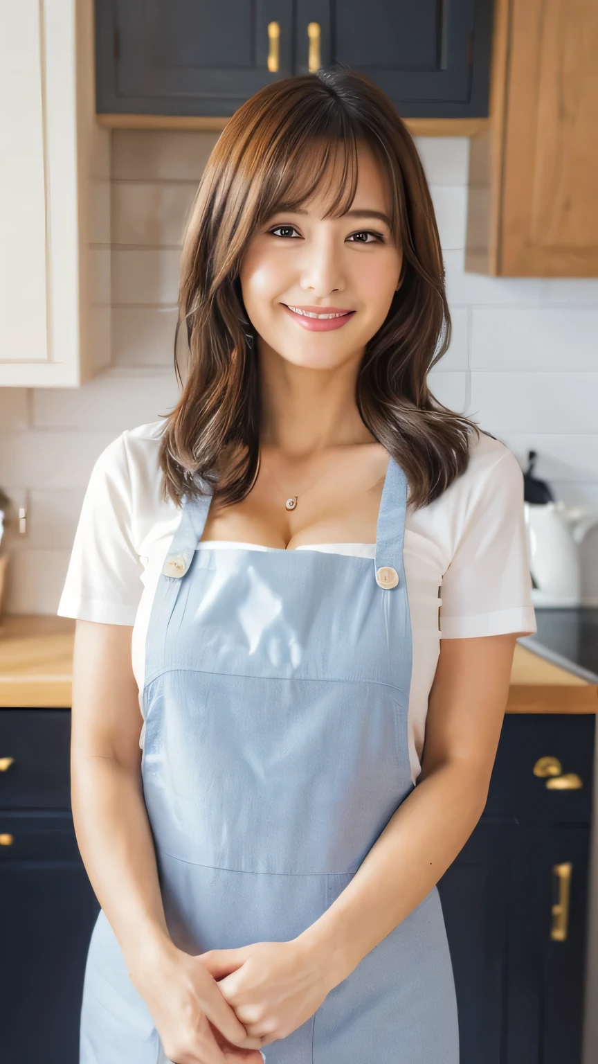 8K,(RAW photo),(highest quality),( (masterpiece:1.5)),(Super detailed),(ultra high resolution,),( (realistic, photo realistic:1.5)),(very detailed, 8K wallpaper),(very detailed beautiful woman in her 30s),(very detailed face, very),(Take beautiful full body photos),(fine eyes, very detailed skin),(very detailed fingers),(very detailed nose),(Girls here are styling their straight hair),(She flashed a shy smile and showed off her cleavage.),(She is wearing a neat apron over a white T-shirt),(The background is a typical Japanese style kitchen)