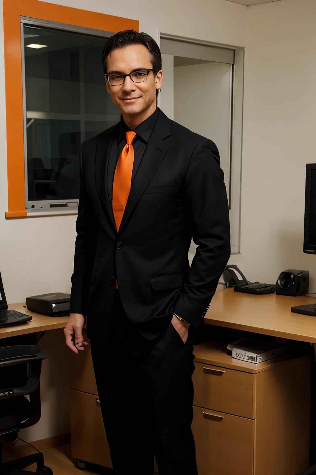 computer teacher,Adult age 40 years,Wear a black suit with a black undershirt.,Wear an orange tie,Wear glasses,In the computer room,Dress neatly.,have big muscles,Have a smile