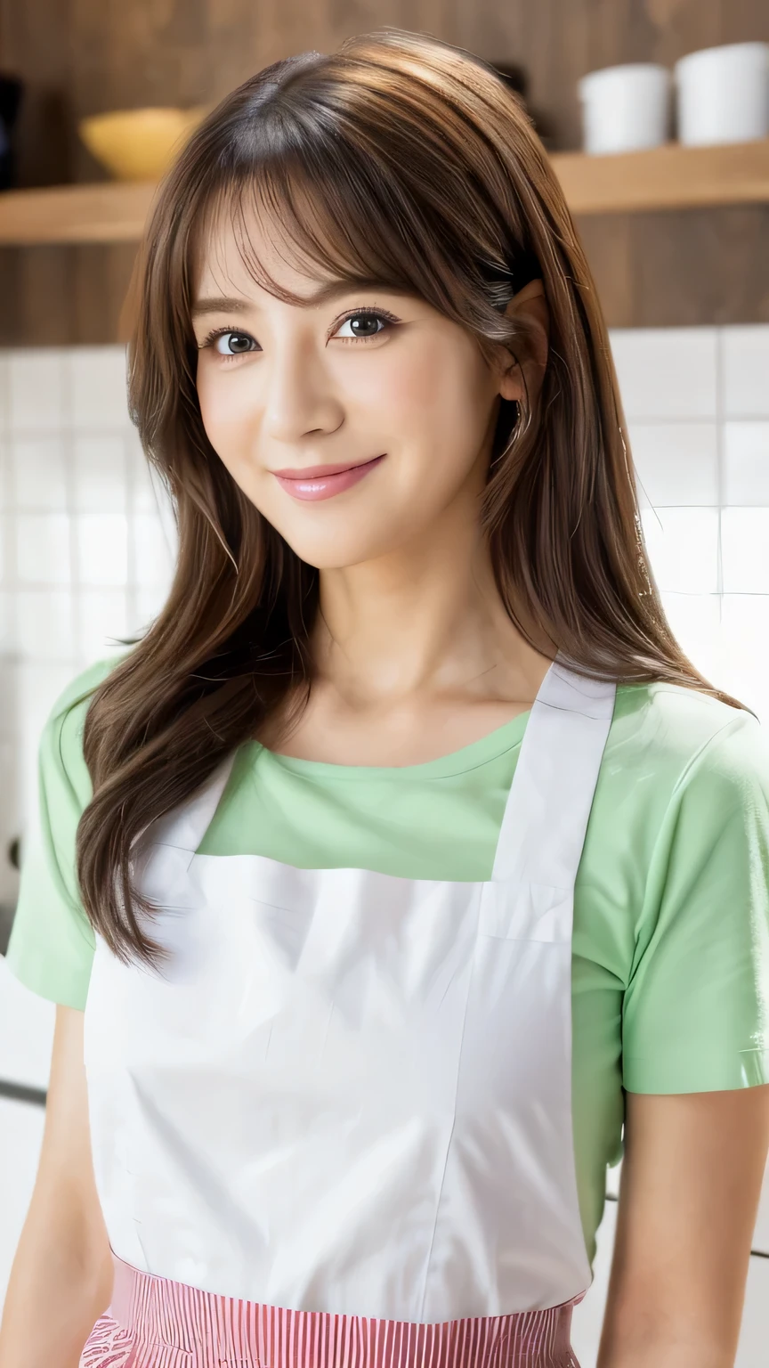 8K,(RAW photo),(highest quality),( (masterpiece:1.5)),(Super detailed),(ultra high resolution,),( (realistic, photo realistic:1.5)),(very detailed, 8K wallpaper),(very detailed beautiful woman in her 30s),(very detailed face, very),(Take beautiful full body photos),(fine eyes, very detailed skin),(very detailed fingers),(very detailed nose),(Girls here are styling their straight hair),(soft, A seductive smile and a flirtatious gaze, things to attract men.),(She is wearing a neat apron over a white T-shirt),(The background is a typical Japanese style kitchen)