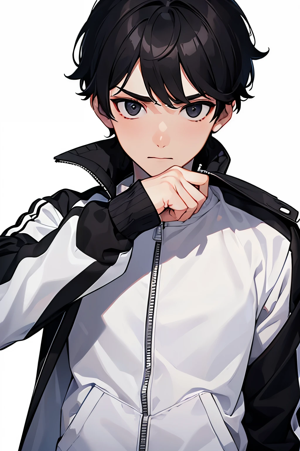 (masterpiece:1.2), best quality, 8K, HDR, solo, 1boy, a 20 yo male, black hair, male focus, black eyes, outdoors, sleeves rolled up, zipper, track jacket, (White background Solid white background:1.5)