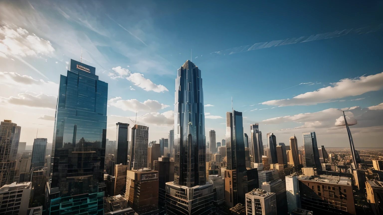 Gigantic tall hexagon shaped wide multi layered skyscraper, American architecture, in the middle of the city downtown, surrounded by buildings, photorealistic, ultra detailed, hyper realistic, wide angle shot, cinematic day lighting, cinematic post processing