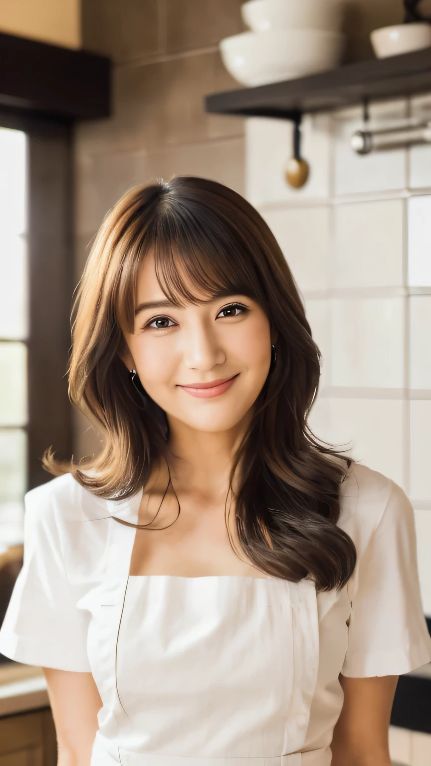 8K,(RAW photo),(highest quality),( (masterpiece:1.5)),(Super detailed),(ultra high resolution,),( (realistic, photo realistic:1.5)),(very detailed, 8K wallpaper),(very detailed beautiful woman in her 30s),(very detailed face, very),(Take beautiful full body photos),(fine eyes, very detailed skin),(very detailed fingers),(very detailed nose),(Girls here are styling their straight hair),(soft, A seductive smile and a flirtatious gaze, things to attract men.),(She is wearing a neat apron over a white T-shirt),(The background is a typical Japanese style kitchen)
