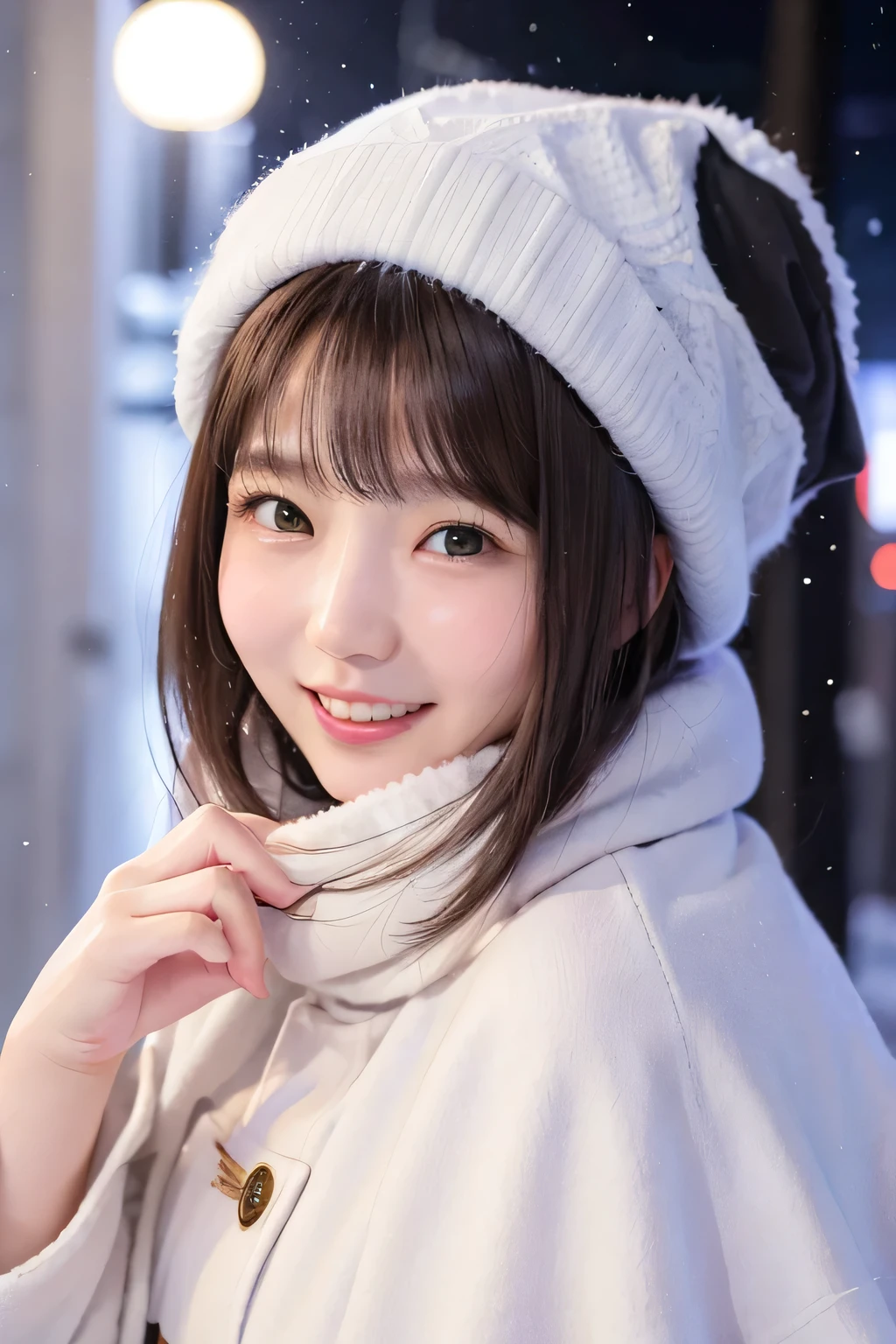 upper shot、highest quality,masterpiece,ultra high definition digital photography，solo portrait，one woman，wear a slim coat，Wear a hat、wearing a scarf，look back，smile，snowy night exterior，flat body、slim、cute、change、white skin、round face、Very adorable little face、