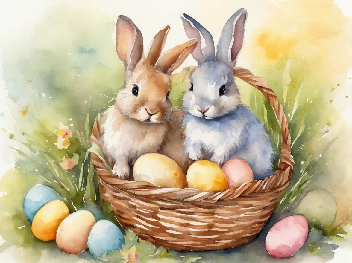 A few little cute bunnies inside a basket with easter eggs in a easter art holiday atmosphere watercolor masterpiece, soft colors, soft light, easter holiday decor