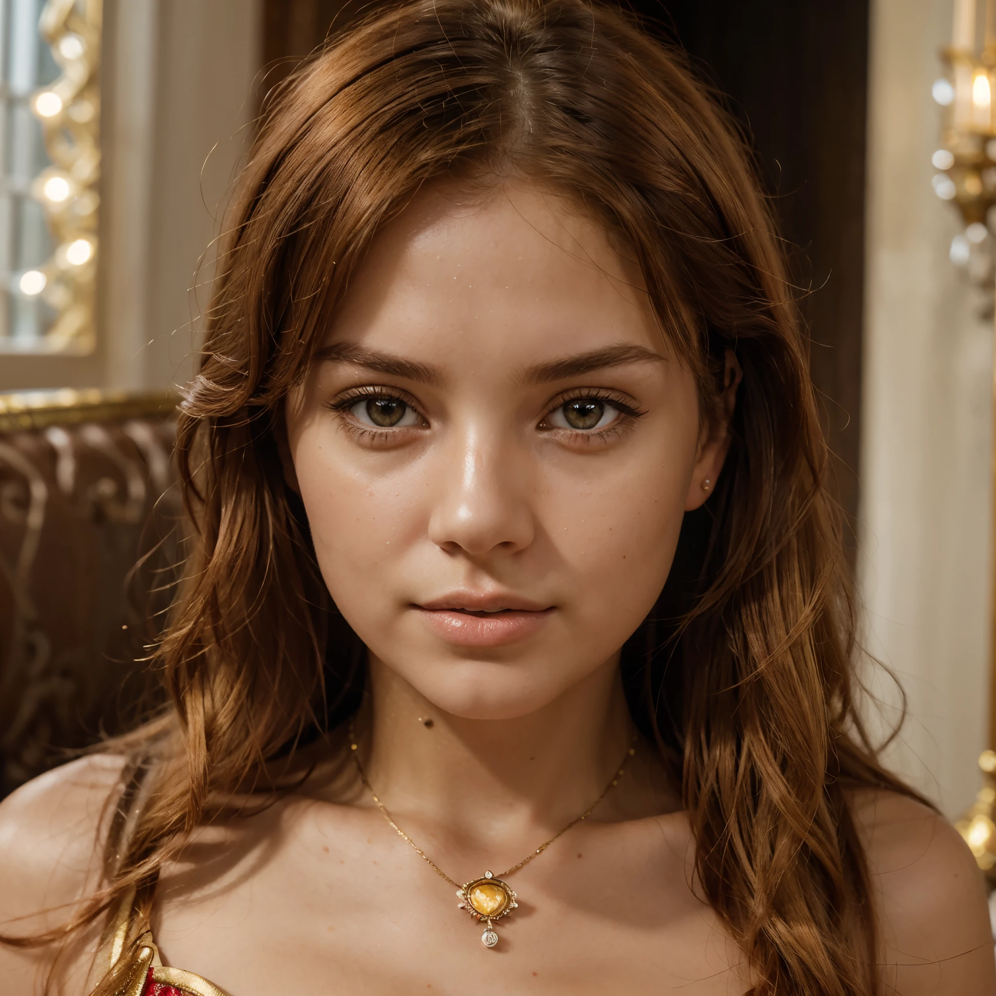 RAW uhd portrait of 24-year-old blonde close-up, Natural red hair, castles, Wavy, (brown-eyed woman) heaven are made of jewels, and sofas are also made of gold and provide sustenance ,(Red Summer Dress), (cutout), Detailed (textures!, Hair!, brightness, Color!, imperfections:1.1), High detail of light eyes, (looking at the camera), specular lighting, dslr, ultra quality, sharp-focus, Sharp, Depth of field, Film grain, (centered), Fujifilm XT3, Crystal clear, The center of the frame, cute face, sharp-focus, bokeh, (dimly lit), Low key, in day, (day sky).