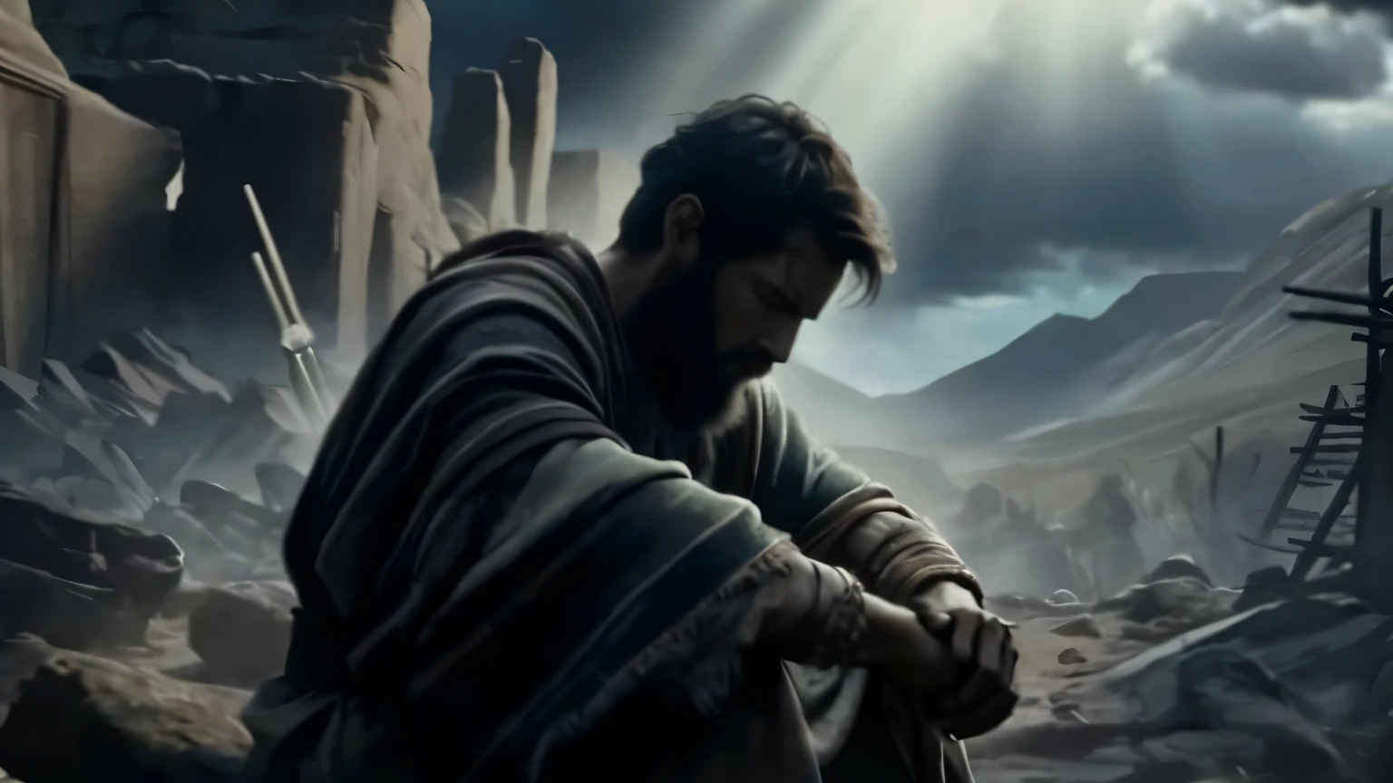 a man sitting on a rock in a desert area with a sky background, biblical epic movie, 8 k movie still, 2 0 2 1 cinematic 4 k framegrab, 8 k film still, movie still 8 k, still from a ridley scott movie, still from a live action movie, he is all alone, jeremiah, award winning cinematic still, 8 k hdr movie still