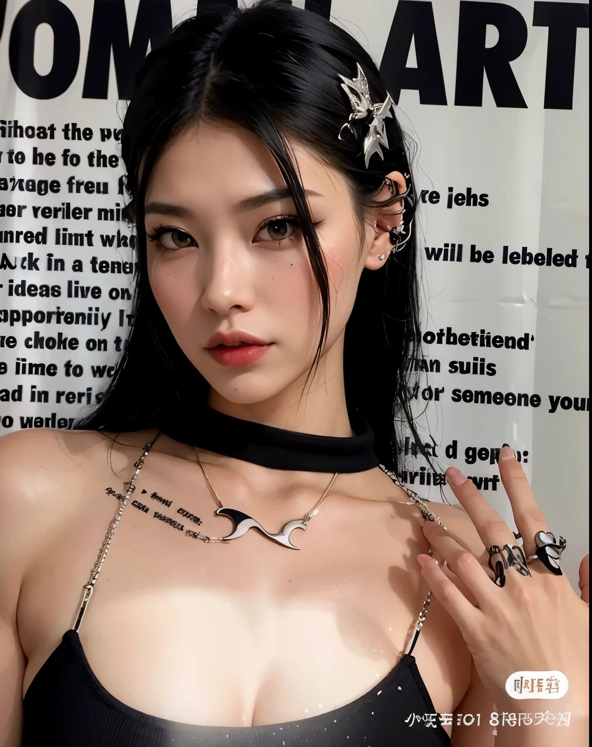 there is a woman with a black top and a necklace on, de garota taiwanesa com tatuagens, cruel korean goth girl, cyber necklace, inspirado em Xia Chang, goth girl aesthetic, 2 0 2 0 moda, gothic aesthetic, vestindo roupas cyberpunk, Xisionwu, using gothic accessories, ano 2447, inspirado por Tang Yifen, tumblr
