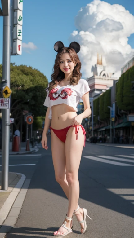 Tokyo Disney City〜, highest quality, realistic, Super detailed, finely, High resolution, (8K), 1 beautiful woman,, light brown messy hair, She is wearing a punk t-shirt and bikini.), sharp focus, perfect dynamic composition, beautiful and detailed eyes, thin hair, Detailed realistic skin texture, smile, , model body、(Full body to toes:1.4)、((Mickey's Ears))、(cloud level shot)、(side standing、look forward to)、(白い歯を見せるsmile)、