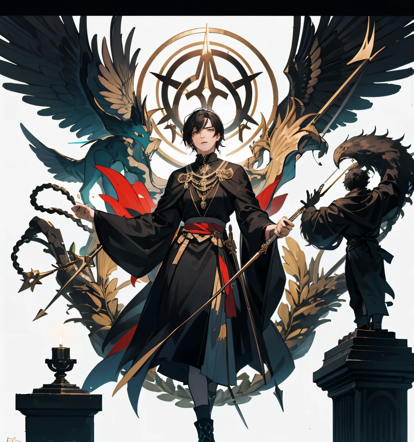 Tarot, male, black haired, trident, Rite of Spring, exquisite border, white background, rich color, best quality, beautiful elements, gojo inspired face.