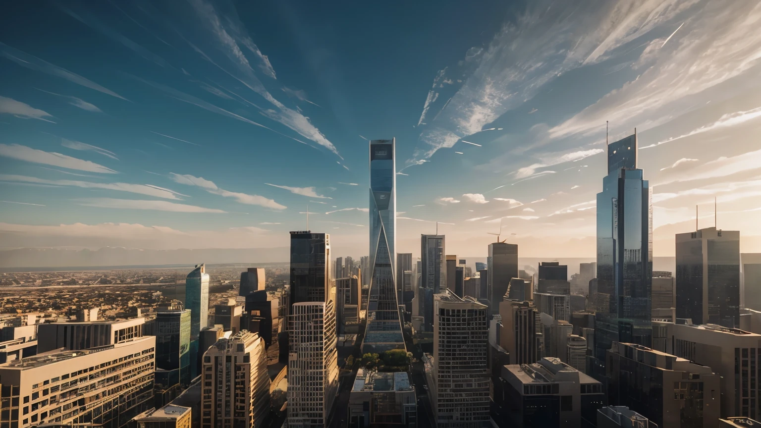 Extremely realistic Gigantic tall hexagon shaped wide multi layered skyscraper, American architecture, in the middle of the city downtown, surrounded by buildings, photorealistic, ultra detailed, hyper realistic, wide angle shot, cinematic day lighting, cinematic post processing