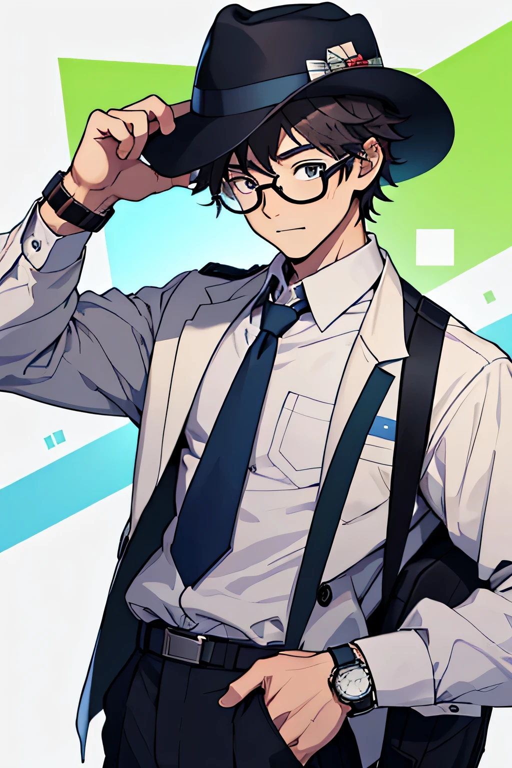 draw a young detective student whose is 16 d he have a special watch on his left hand and he have magnifying glass with him and he wears hat and specs and he wears a school uniform