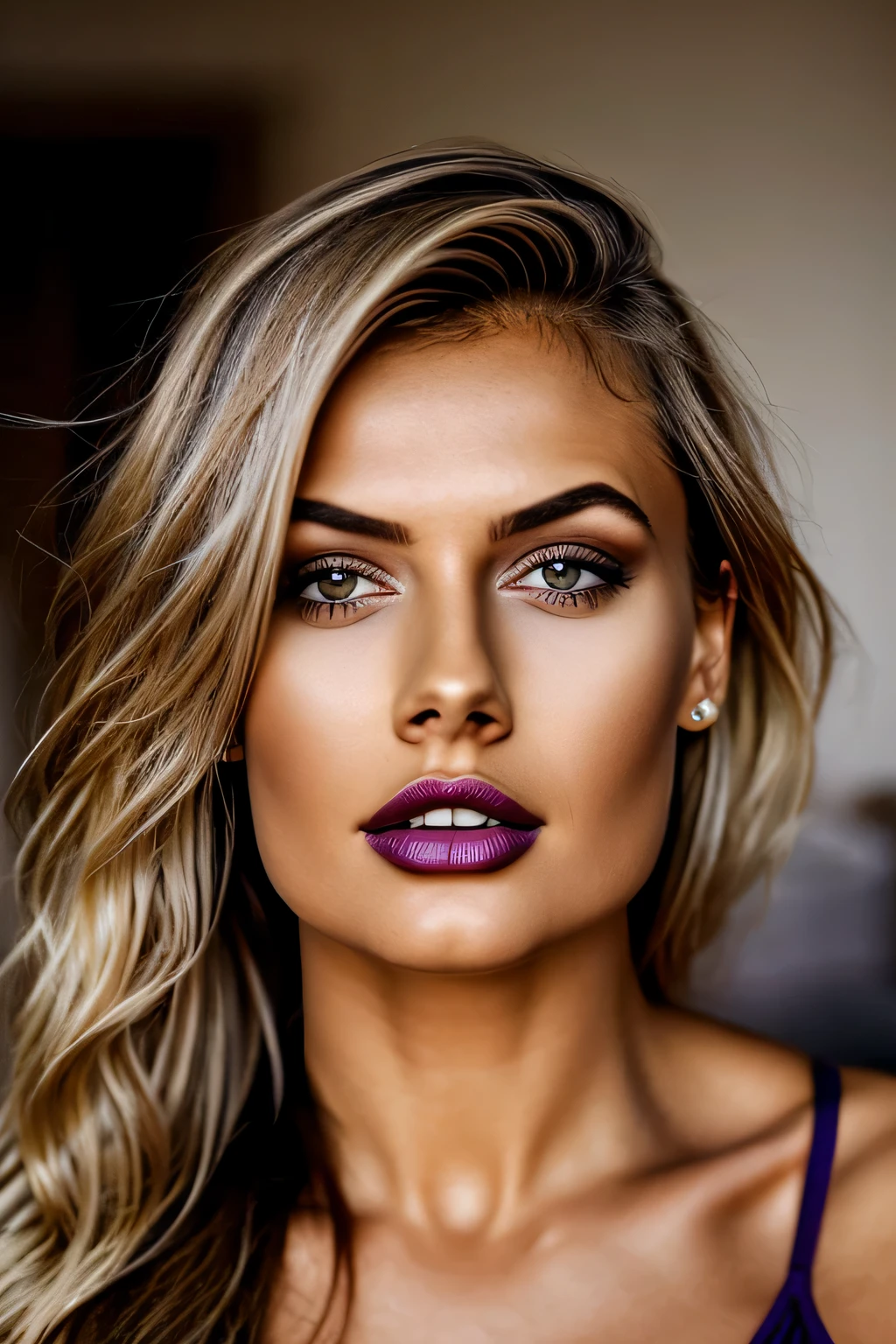 1girl in, 19, Solo, Long wavy hair, Colossal tits, long messy windy blonde hair, camera facing down at, lying in the bed, looking up at camera, biting lip, blondehair, sexy cleavage, (extremely detailed 8k wallpaper), soft lighting, high quality, film grain, Fujifilm XT3 sharp focus, f 5.6, 50mm, High Detail, Sharp focus,(natural light), (seductive), wearing purple gothic silk lingerie, revealing, Realistic, A sexy influencer, beauty style 2023, full body, whole figure