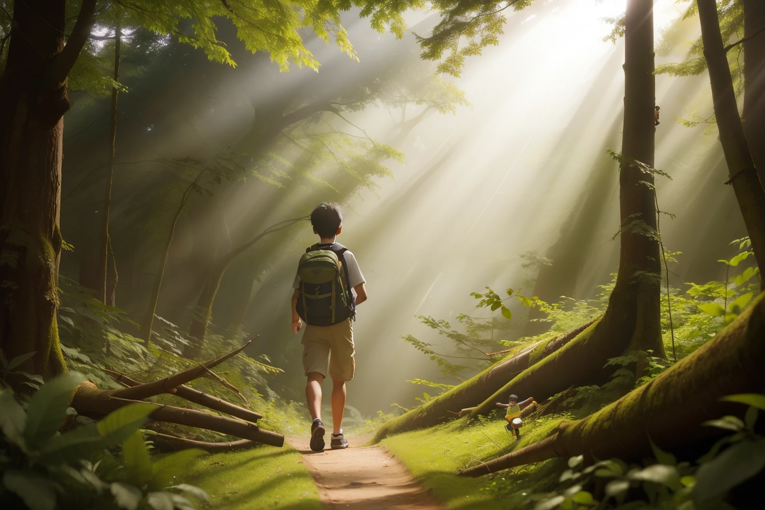 Along the sunlit trails of an English woodland in the 2010s, a fourteen-year-old Asian boy, with a rucksack and binoculars, gracefully navigates a series of fallen logs, showcasing a blend of athleticism and outdoor exploration in a setting of towering trees and dappled sunlight.