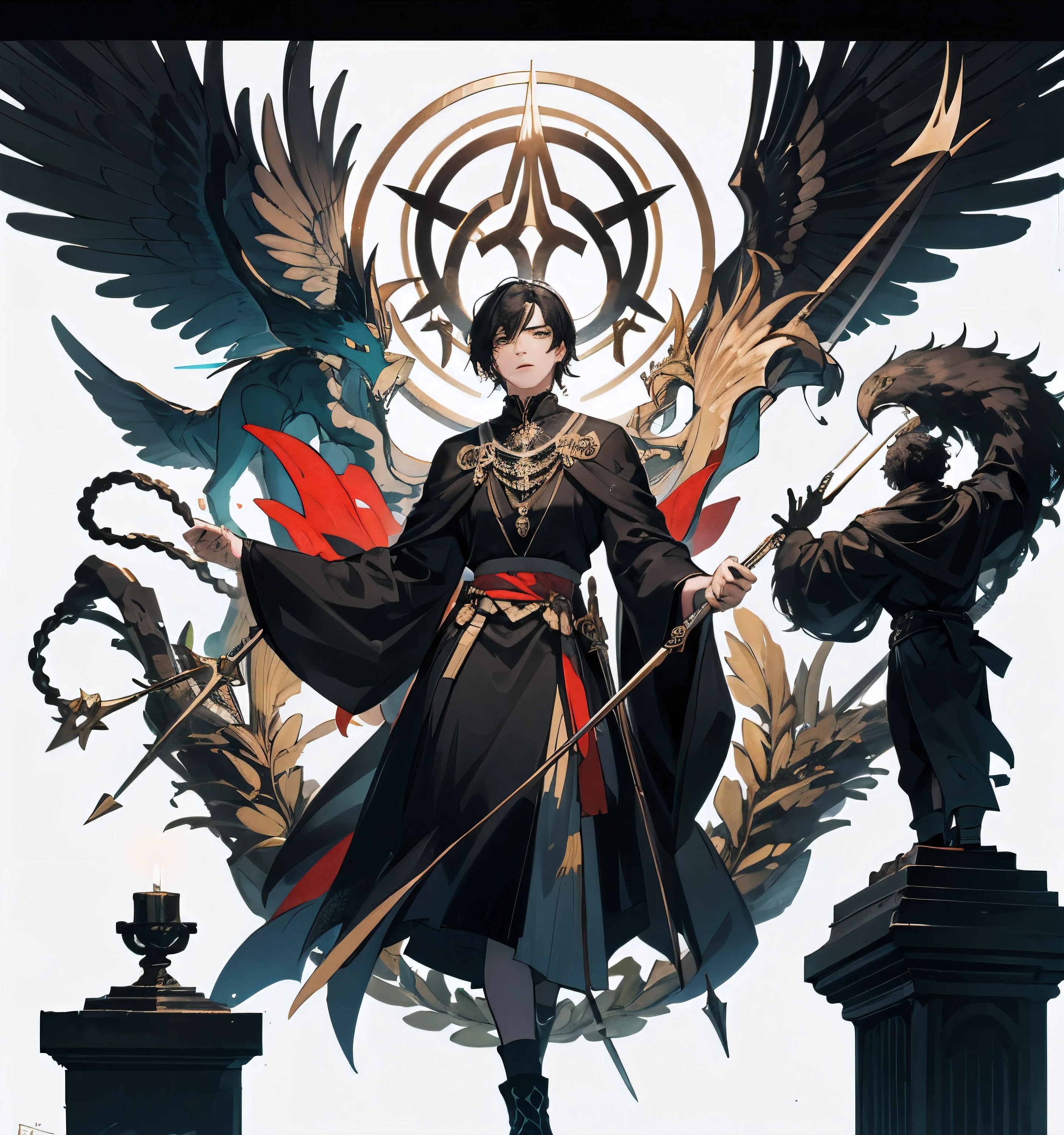 Tarot, male, black haired, trident, Rite of Spring, exquisite border, white background, rich color, best quality, beautiful elements, gojo inspired face.