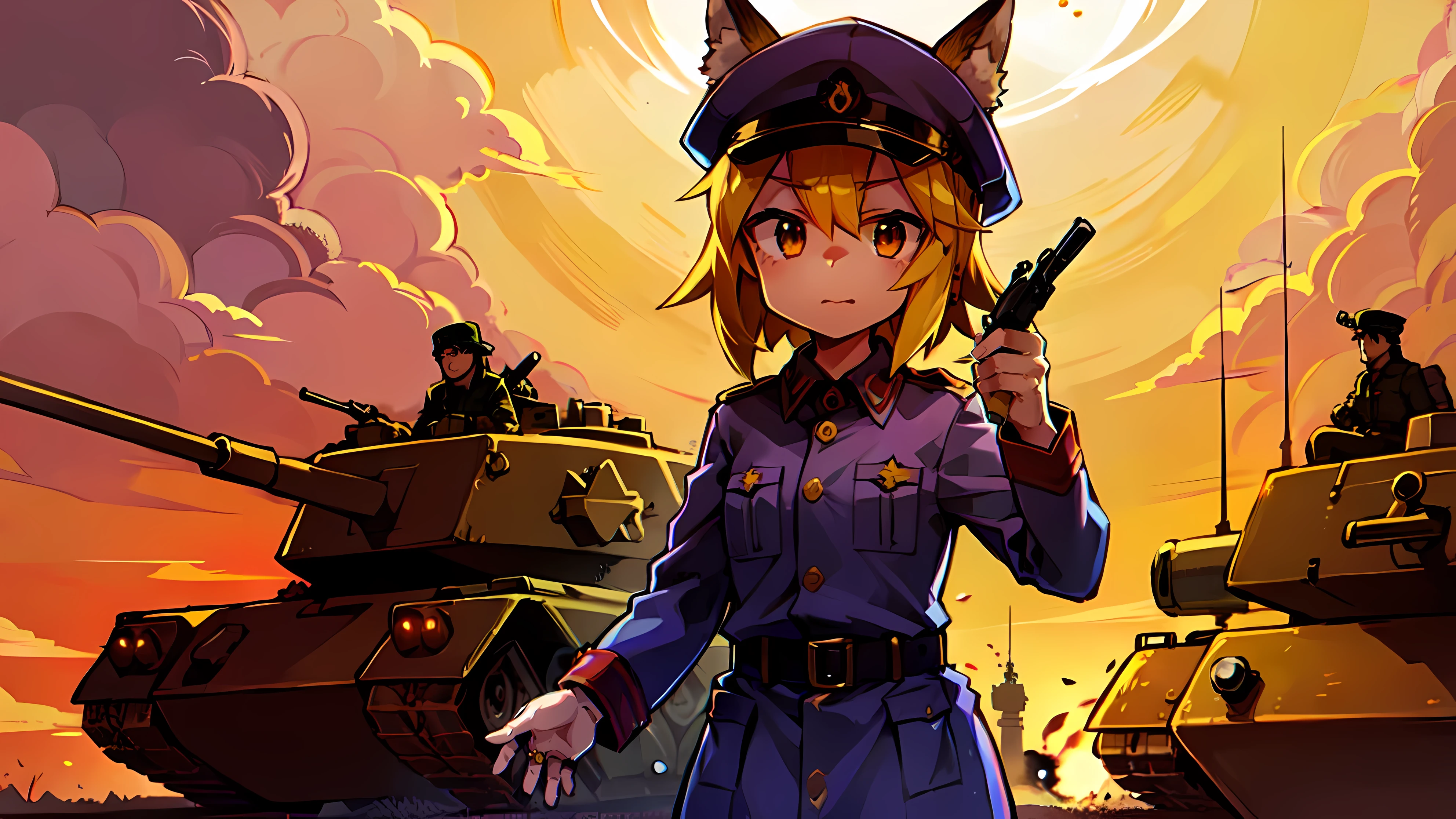 Young woman, Fox ears, 4K image, ((Russia, Russian soldier, war, Tanks, A gun, From the army))