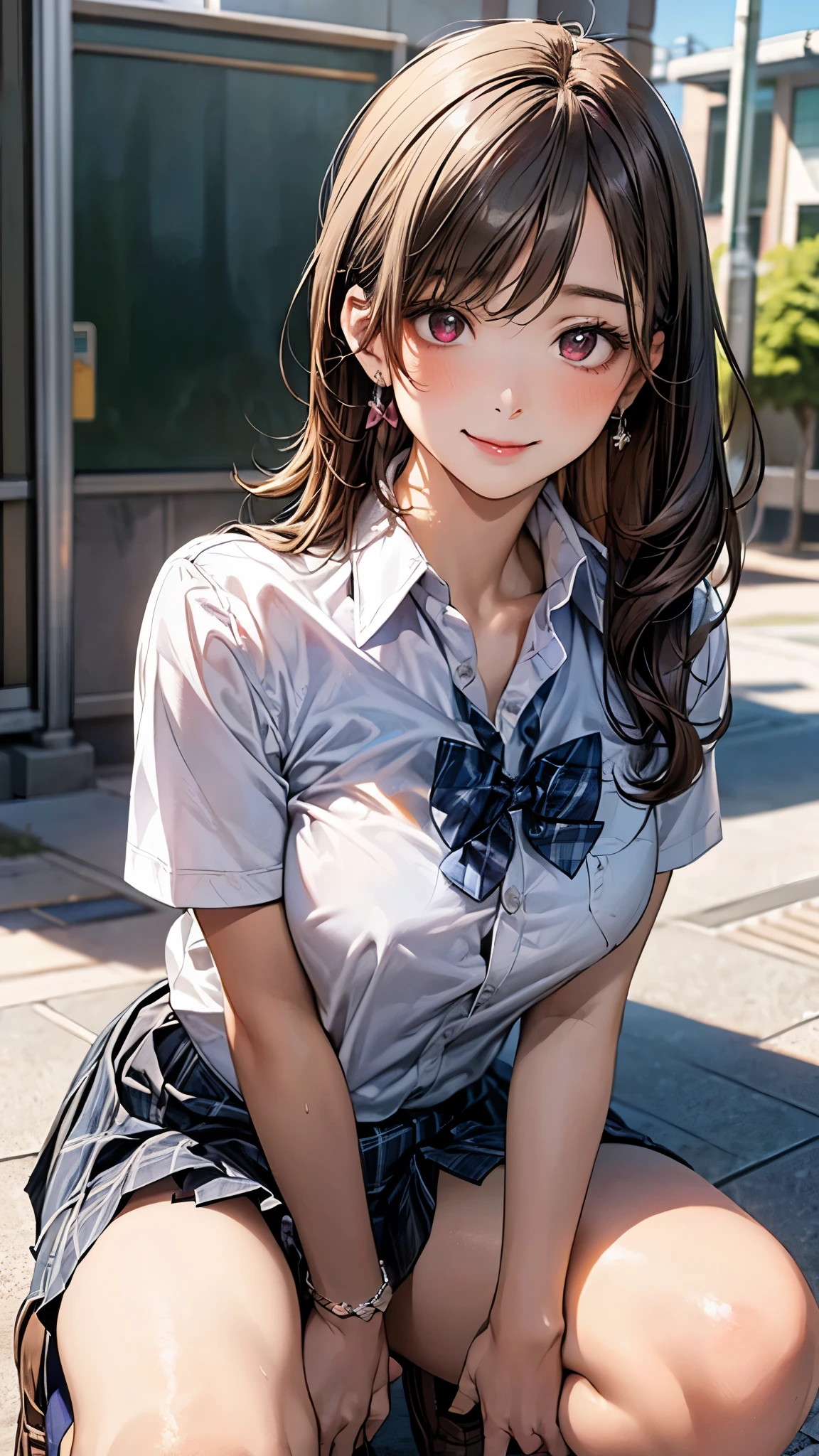 (masterpiece:1.2, top-quality), (realistic, photorealistic:1.4), beautiful illustration, (natural side lighting, movie lighting), nsfw, 
looking at viewer, cowboy shot, front view:0.6, 1 girl, japanese, high school girl, perfect face, cute and symmetrical face, suntan, shiny skin, 
(long hair:1.5, side ponytail:1.4, brown hair), hair over one eye:1.4, maroon eyes, long eye lasher, (large breasts:0.6, thick thighs), 
beautiful hair, beautiful face, beautiful detailed eyes, beautiful clavicle, beautiful body, beautiful chest, beautiful thigh, beautiful legs, beautiful fingers, 
((collared short sleeve shirt, white shirt, school uniform, grey plaid pleated skirt, blue plaid bow tie), wrist chakra), white panties, 
(beautiful scenery), school, (squatting, lift up skirt, grab the hem of the skirt, hands on chest, hand between legs), (lovely smile, upper eyes), 