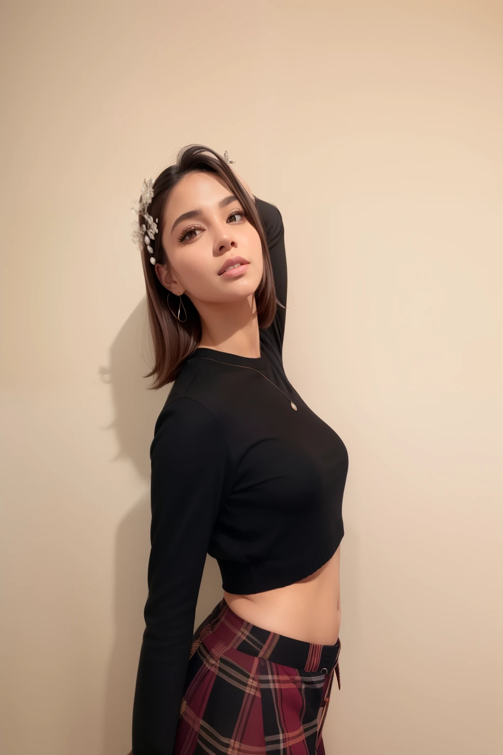 a close up of a woman wearing a top preto and plaid skirt, usando um top cropped sexy, usando top curto, 2 modelo feminino de 4 anos, pose lateral, pose casual, vestindo um top cortado, Photo of a promotional session, vestindo um top cortados, vestindo um top curto, pose atraente, top preto, vestindo um top fofo, nivanh chanthara