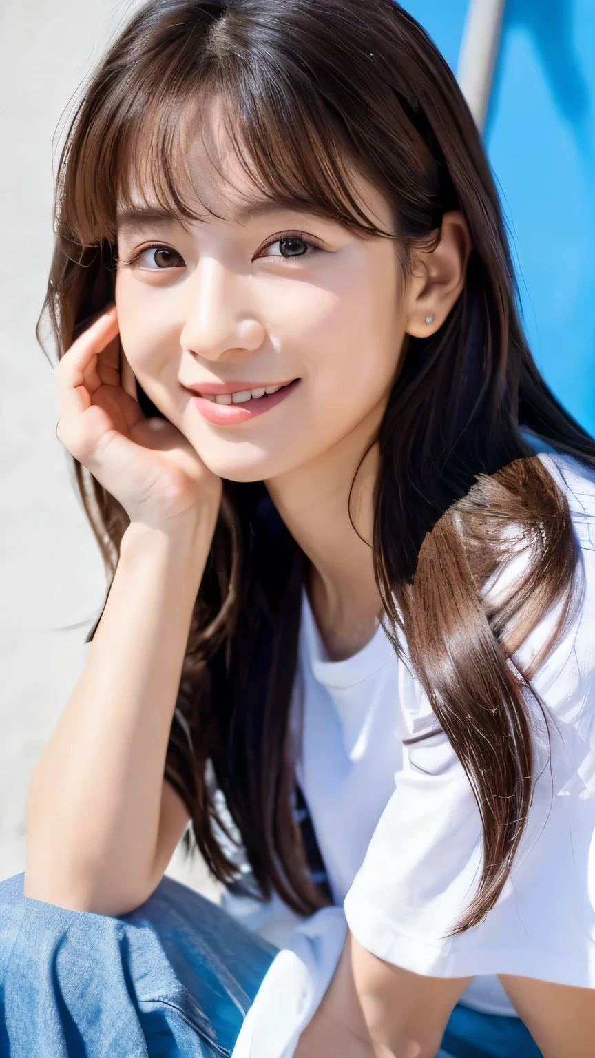 (top-quality、8K、32K、masuter piece、nffsw:1.2)、fully body photo, Incredibly cute, Sexy pose with legs spread on beach floor, tall, slender, pumps, ((Fuji Film)), Very bright scene, A big smile, Large, Patchy eyes, extremely bright backlight, Solo, {Beautiful and detailed eyes} Big breasts, Beautiful and detailed body, Bright sunshine, Natural and soft light, Hair fluttering in the wind, Delicate features, nffsw_nffsw, White swimwear, Dull bangs, Beautiful japanese girl, With a smile in your eyes, Small earrings, masutepiece, Highest Quality, Realistic, Original photo, 1 girl, Big hips, Fine skin, Koyongjeong, Detailed face, Real Hand, Detailed eyes, strong breeze, wind blown hair, Maldives Coast