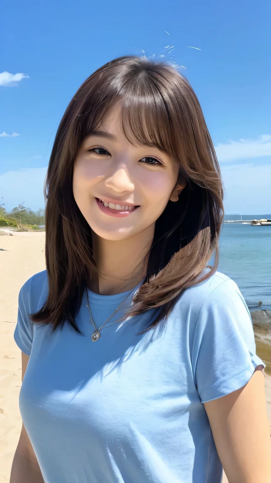 8K,(RAW photo),(highest quality),( (masterpiece:1.5)),(Super detailed),(ultra high resolution,),( (realistic, photo realistic:1.5)),(very detailed, 8K wallpaper),(very detailed beautiful woman in her 30s),(very detailed face, very),(Take beautiful full body photos),(fine eyes, very detailed skin),(very detailed fingers),(very detailed nose),(Girls here are styling their straight hair),(She has a gentle smile),(She wears a white T-shirt),(The background is a beach with a blue sky)
