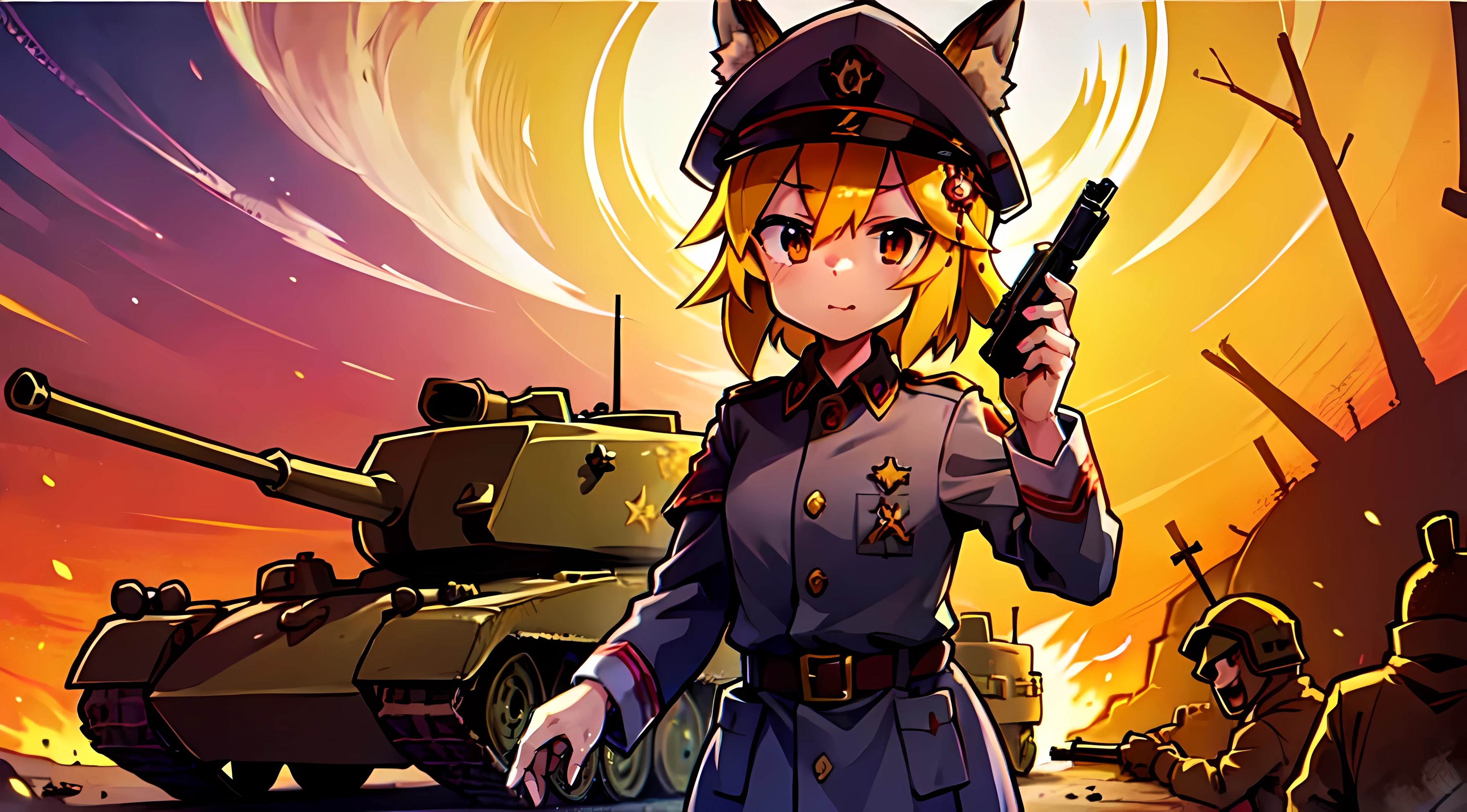 Young woman, Fox ears, 4K image, ((Russia, Russian soldier, war, Tanks, A gun, From the army))
